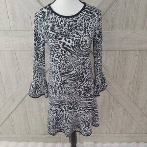 MICHAEL KORS-Black & White Zebra/Leopard Print 3/4 Flounce Dress-XS